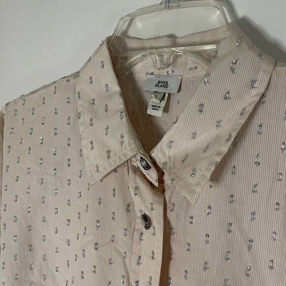 River island pink metallic silver dotted button down oversized shirt size small - Picture 3 of 6